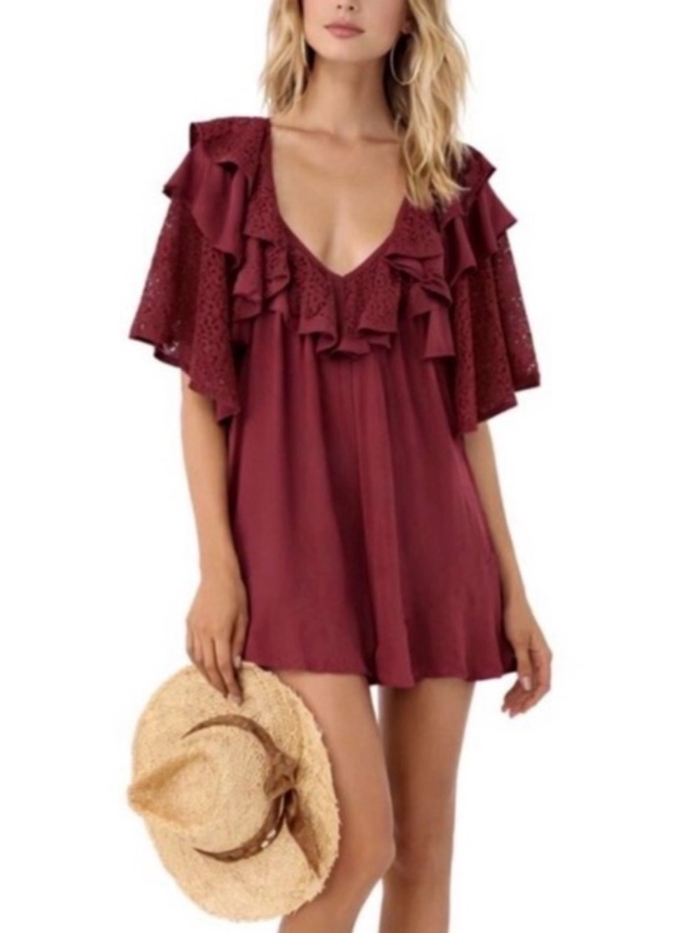 Free People Rush For Ruffles Romper Burgundy Rose lace festival XS